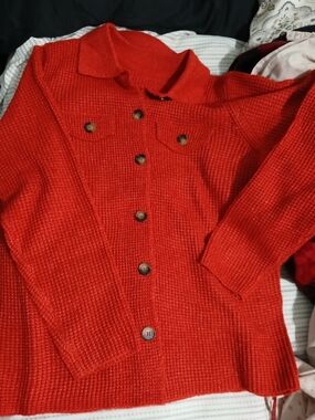Red Button-Front Women's Knit Sweater